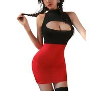 Mujer Secretaria Disfraces Sexy Cosplay Conjuntos de Lencería Disfraz Oficina Uniforme Profesora con Medias sin Entrepierna Traje Mini Vestido sin Mangas Costume para Juego de Rol (Negro + Rojo)