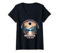Mujer Segovia, España Gran Eclipse Solar Europeo 2026 Camiseta Cuello V