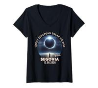 Mujer Segovia, España Gran Eclipse Solar Europeo 2026 Camiseta Cuello V
