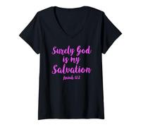 Mujer Seguramente Dios es mi salvación Escritura Bíblica Oración Niña Rosa Camiseta Cuello V