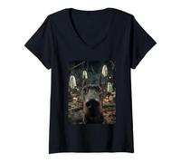 Mujer Selfie Perro Doberman Fantasmas Bosque embrujado Halloween Camiseta Cuello V