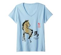 Mujer Sello Pintura AÑO del Caballo Animal Chino Zodiaco Camiseta Cuello V
