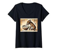 Mujer Sello postal japonés de arte cueva lindo burro ramen Camiseta Cuello V