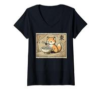 Mujer Sello postal japonés de arte cueva lindo zorro ramen Camiseta Cuello V