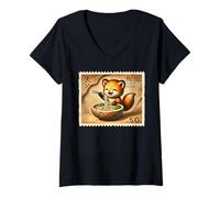 Mujer Sello postal japonés de arte cueva lindo zorro ramen Camiseta Cuello V