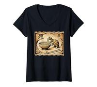 Mujer Sello postal japonés de fideos con diseño de tortuga, ramen Camiseta Cuello V