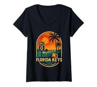 Mujer Señal de autopista Sunset Bridge con camisa de la milla 0 de los Cayos de Florida Camiseta Cuello V