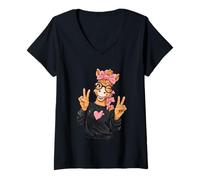 Mujer Señal de la Paz con diseño Pop de Horse Pony Girl, guiñando un Ojo, Doble Camiseta Cuello V