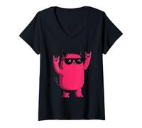 Mujer Señales de Mano de Doble Roca con diseño de Mascota Demonio de Diablo Rosa Camiseta Cuello V