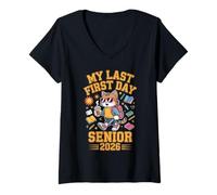 Mujer Senior 2026 Mi último Primer día Cool Cat Regreso a la Escuela Niños Camiseta Cuello V