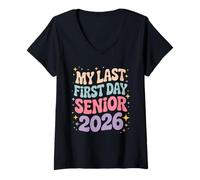 Mujer Senior 2026 Mi último Primer día de Escuela Groovy Camiseta Cuello V