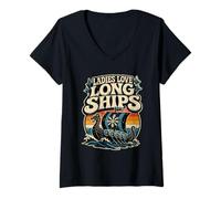 Mujer Señoras Amor Barcos Largos Retro Vikingo Humor Noruega Longboat Camiseta Cuello V