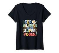 Mujer Ser Bilingue Es Un Superpoder Profesora Bilingüe de Español Camiseta Cuello V