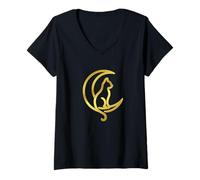 Mujer Serenkitty Gato Sentado en la Luna Creciente Lunar Celestial Camiseta Cuello V