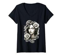 Mujer Serpiente Chica Serpiente Rosas Medusa Camiseta Cuello V