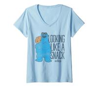 Mujer Sesame Street Cookie Monster Snack Glasses Camiseta Cuello V
