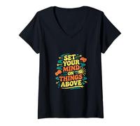 Mujer Set Your Mind On Things Above Biblia inspiradora ----- Camiseta Cuello V