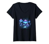 Mujer Setas Brillantes Bosque Noche Escena Camiseta Cuello V