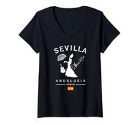 Mujer Sevilla Andalucía España Música Folclórica Bandera España Camiseta Cuello V