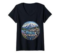 Mujer Seward, AK Alaska, EE.UU., glaciares, Ballenas, frailecillos, fletán Camiseta Cuello V