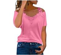 Mujer Sexy Encaje Liso Manga Corta Casual Camiseta Blusa Tops Camiseta Mujer, Rosa intenso., L