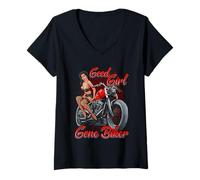 Mujer Sexy Motocicleta Biker Babe Esposa Vieja Dama Buena Chica Pin Up Camiseta Cuello V