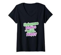 Mujer Shakespeare angustiado hace feliz al cerebro lema humorístico Camiseta Cuello V