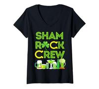 Mujer Shamrock Crew Leprechaun Green Hat Tréboles Cerveza Monedas de Oro Camiseta Cuello V