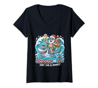 Mujer Sharkmas en Julio Surfeando Santa Shark Verano Navidad Camiseta Cuello V