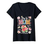 Mujer She Is Mom Floral Cute Mama - Gráfico de Flores para el día de Camiseta Cuello V