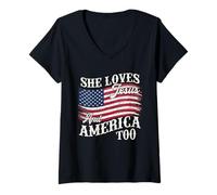 Mujer She Loves Jesus And America Too - Bandera de Estados Unidos del 4 de julio Camiseta Cuello V