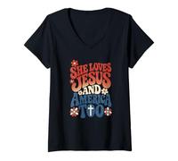 Mujer She Loves Jesus and America Too Retro 4th of July USA Camiseta Cuello V