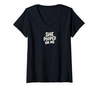 Mujer She Pooped On Me Funny Reality TV Meme Gráfico sarcástico Camiseta Cuello V