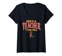Mujer She's A Teacher I Can Tell Western Back to School Camiseta Cuello V