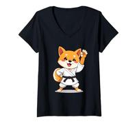 Mujer Shiba Inu caricaturesco con Traje de Karate y cinturón Negro Camiseta Cuello V