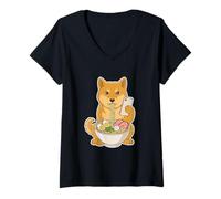 Mujer Shiba Inu Comiendo Fideos Ramen Desplazamiento Teléfono Camiseta Cuello V