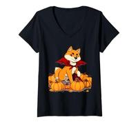 Mujer Shiba Inu de Halloween con Capa Vampiro y Calabazas Camiseta Cuello V