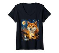 Mujer Shiba Inu Howling To The Moon - Aceite Vintage para Perros. Camiseta Cuello V