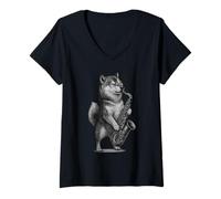 Mujer Shiba Inu Jugando Saxofón Jazz Música Amante de los Perros Camiseta Cuello V