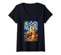 Mujer Shiba Inu Playing Guitar Whimsical Art Dog Music Camping Camiseta Cuello V