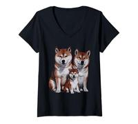 Mujer Shiba Inu Puppy Family Sketch Dibujo Arte. Camiseta Cuello V