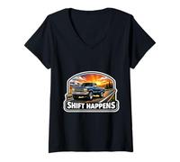 Mujer Shift Happens Funny Manual Gear Pick Up Truck Dueño Amante Camiseta Cuello V