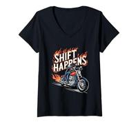 Mujer Shift Happens Motocicleta Motorista Camiseta Cuello V