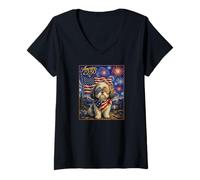 Mujer Shih Tzu Dog Art America 250 Anniversary 4th of July USA Flag Camiseta Cuello V