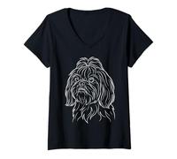 Mujer Shih Tzu Estética Línea Arte Abstracto Minimalista Dibujo Camiseta Cuello V