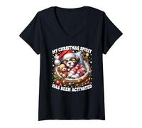 Mujer Shih Tzu Puppy Cuddle with Teddy Bear Cute Christmas Vibes Camiseta Cuello V