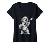 Mujer Shih Tzu Tocar Guitarra Rock Música Amante de Camiseta Cuello V