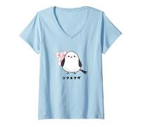 Mujer Shima Enaga Bird Cherry Blossoms Japón Hokkaido Snow Fairy Camiseta Cuello V