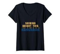 Mujer Shining Bright This Hanukkah tee Hanukkah, Luces judías Camiseta Cuello V