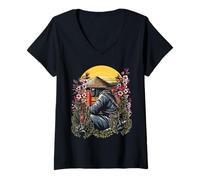 Mujer Shinobi with Ronin Straw Hat | Japan Sakura Bonsai Sunset Camiseta Cuello V